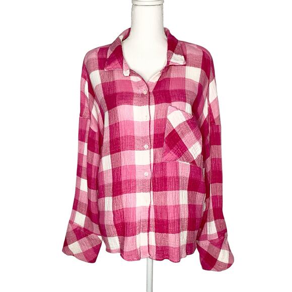 Sanctuary Mod Pink Plaid Buffalo Check Long Sleeve Boyfriend Button Front Shirt - Picture 1 of 7